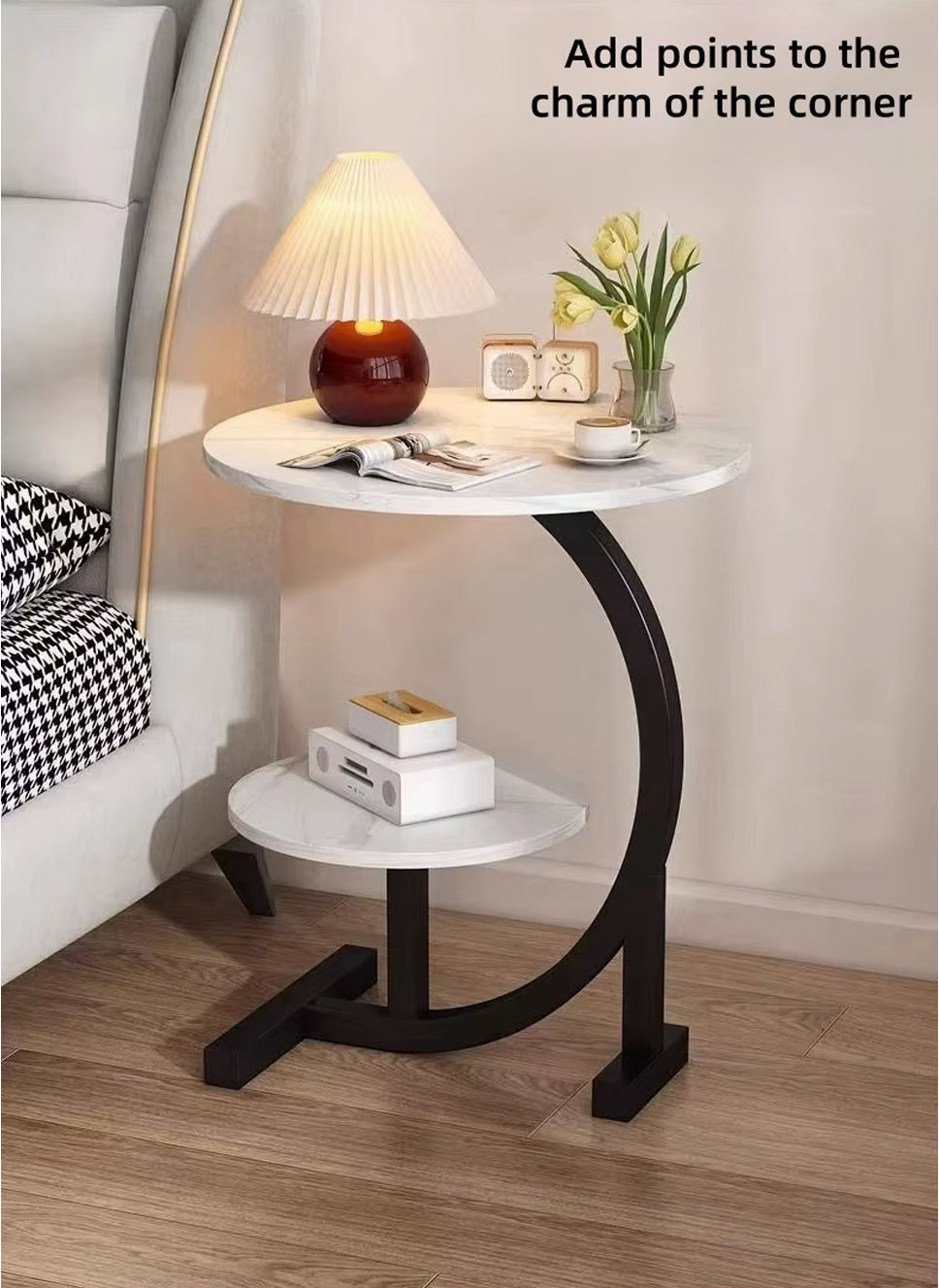 Modern Round 2-Tier C-Shaped Side Table for Living Room & Bedroom