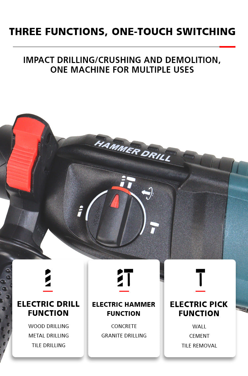 BOSS Triple Mode Rotary Hammer Drill Set with 2200W Power & 1100 RPM with Depth Gauge, Accessory Set & Anti-Vibration Grip