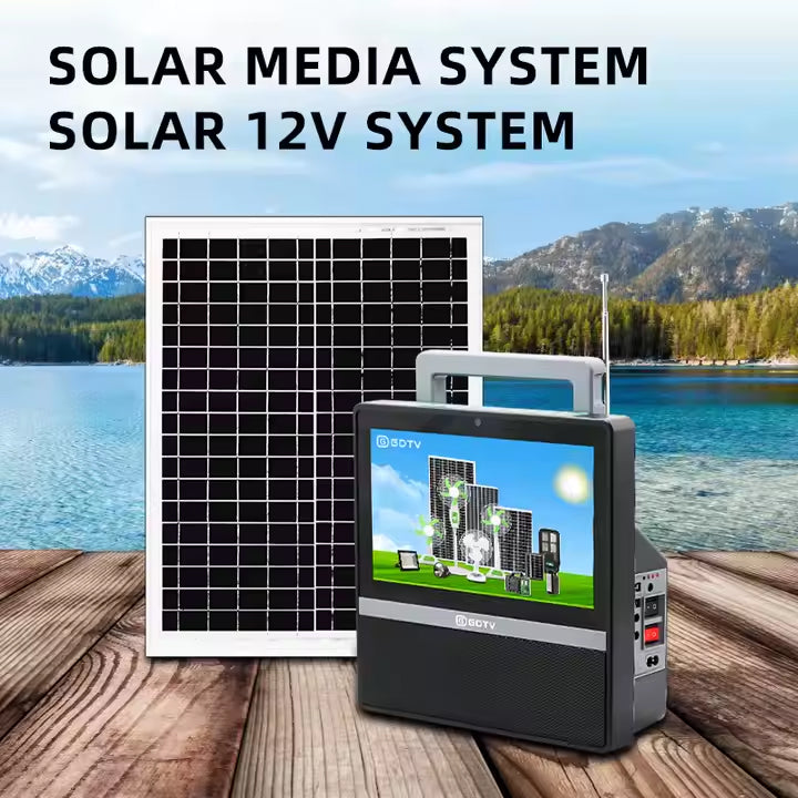 GDTimes 12V 10-Inch Solar TV & Media System & Powerbank with 10” Screen, 20W Solar Panel, LED Bulbs, Remote, USB/SD/FM – Portable Power & Entertainment Kit