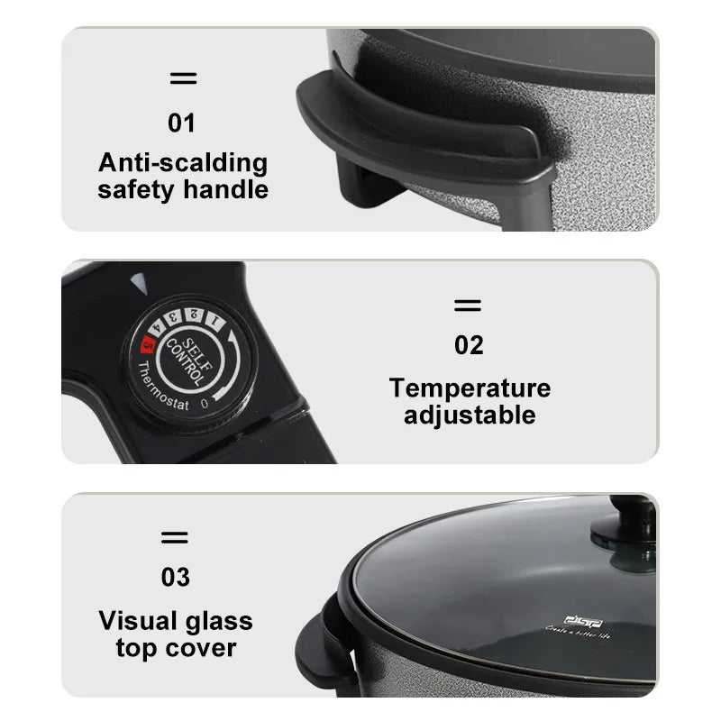 Large 42cm Electric Pizza Pan with 9cm Depth, Non-Stick Coating, Adjustable Thermostat & Glass Lid