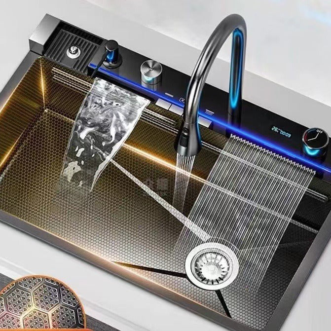 Premium Smart Stainless Steel Kitchen Sink with Waterfall & Pull-Down Faucet, RO Tap, Glass Washer, Draining Baskets, Temperature Display & Controller - 30 x 20 x 10 inch