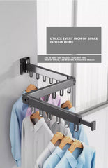 Wall-Mounted Metal Triple Foldable Clothes Drying Rack with Extension Rod, Push-Pull Design, 180° Rotation, and Punch-Free Installation