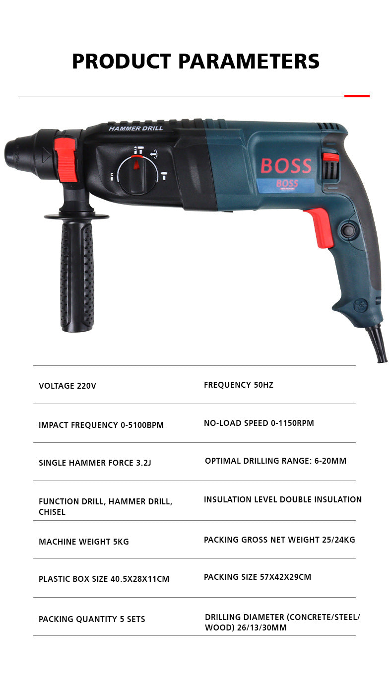 BOSS Triple Mode Rotary Hammer Drill Set with 2200W Power & 1100 RPM with Depth Gauge, Accessory Set & Anti-Vibration Grip