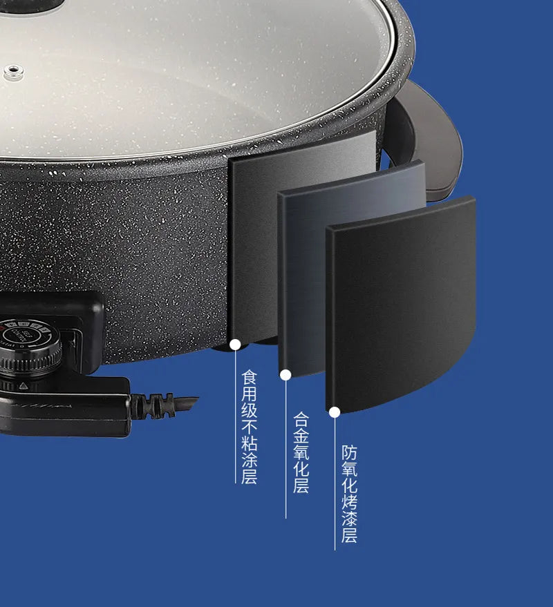 Large 42cm Electric Pizza Pan with 9cm Depth, Non-Stick Coating, Adjustable Thermostat & Glass Lid