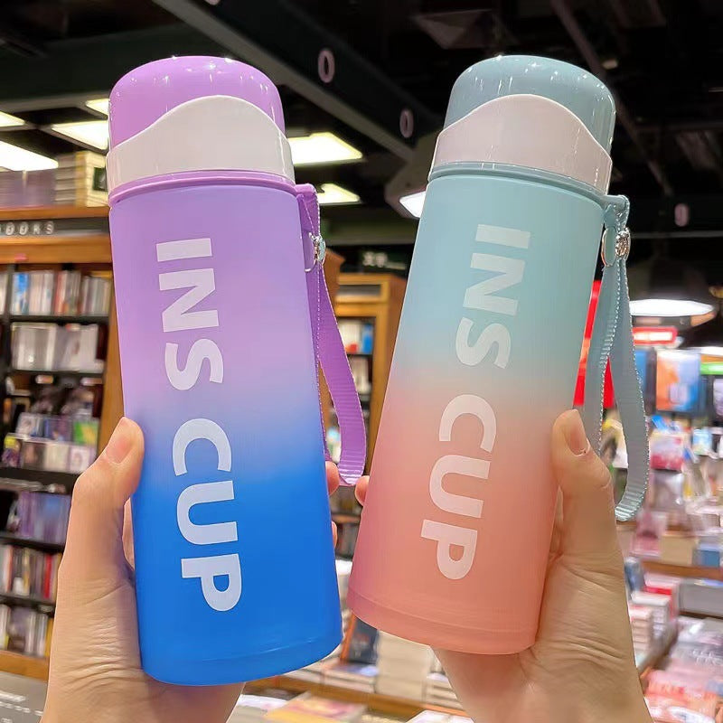 500ml Cute Gradient Design Glass Interior Water Bottle with Double Glazing, Leakproof Lid & Strap for Hot & Cold Drinks