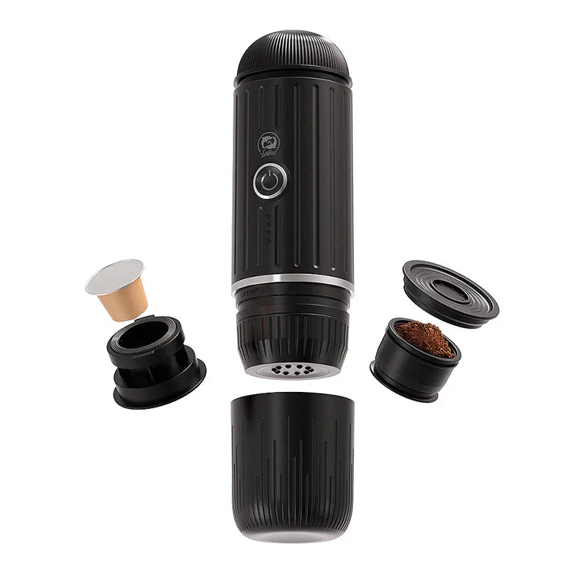 Portable 2-in-1 Wireless Heating Espresso Coffee Machine for Car, Home, Camping & Travel - 19 Bar Pressure - 7500 mAh Battery - Black