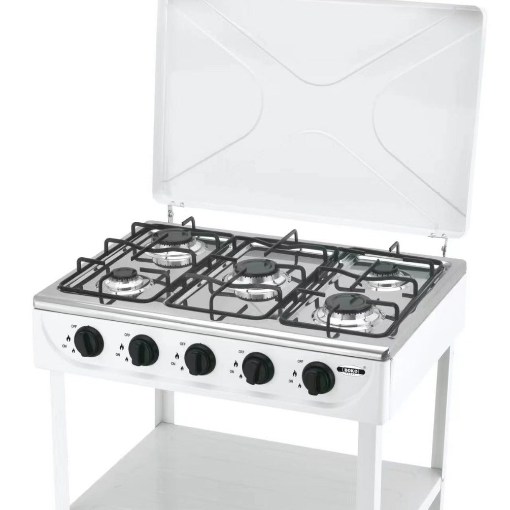 BOKO 5 Burner Portable Indoor & Outdoor Gas Stove with Iron Body, Wind Cover, and Independent 2.5KW Burner Control for Camping and Backyard Cooking