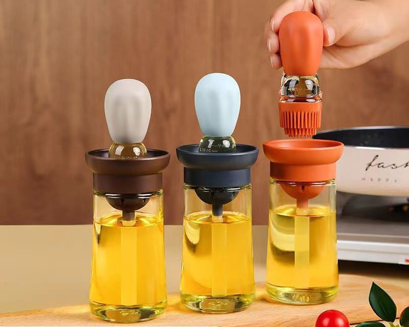 2-in-1 Oil Dispenser Bottle with Silicone Dropper & Brush with Scale and Lid for Accurate Cooking, Baking, Grilling & Basting