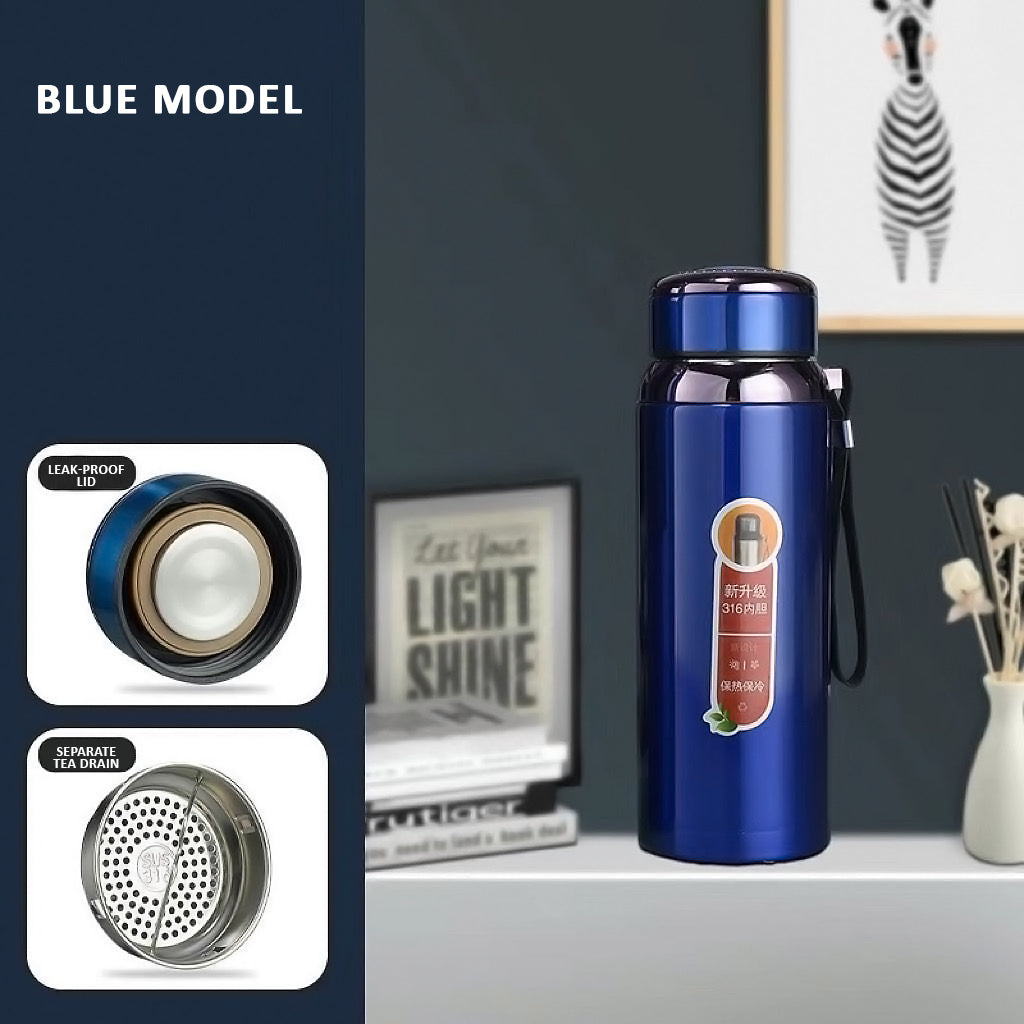 800ml SUS 316 Stainless Steel Vacuum Insulated Thermos Bottle with Tea Infuser, Leak-Proof Lid & Strap for Travel, Gym & Office