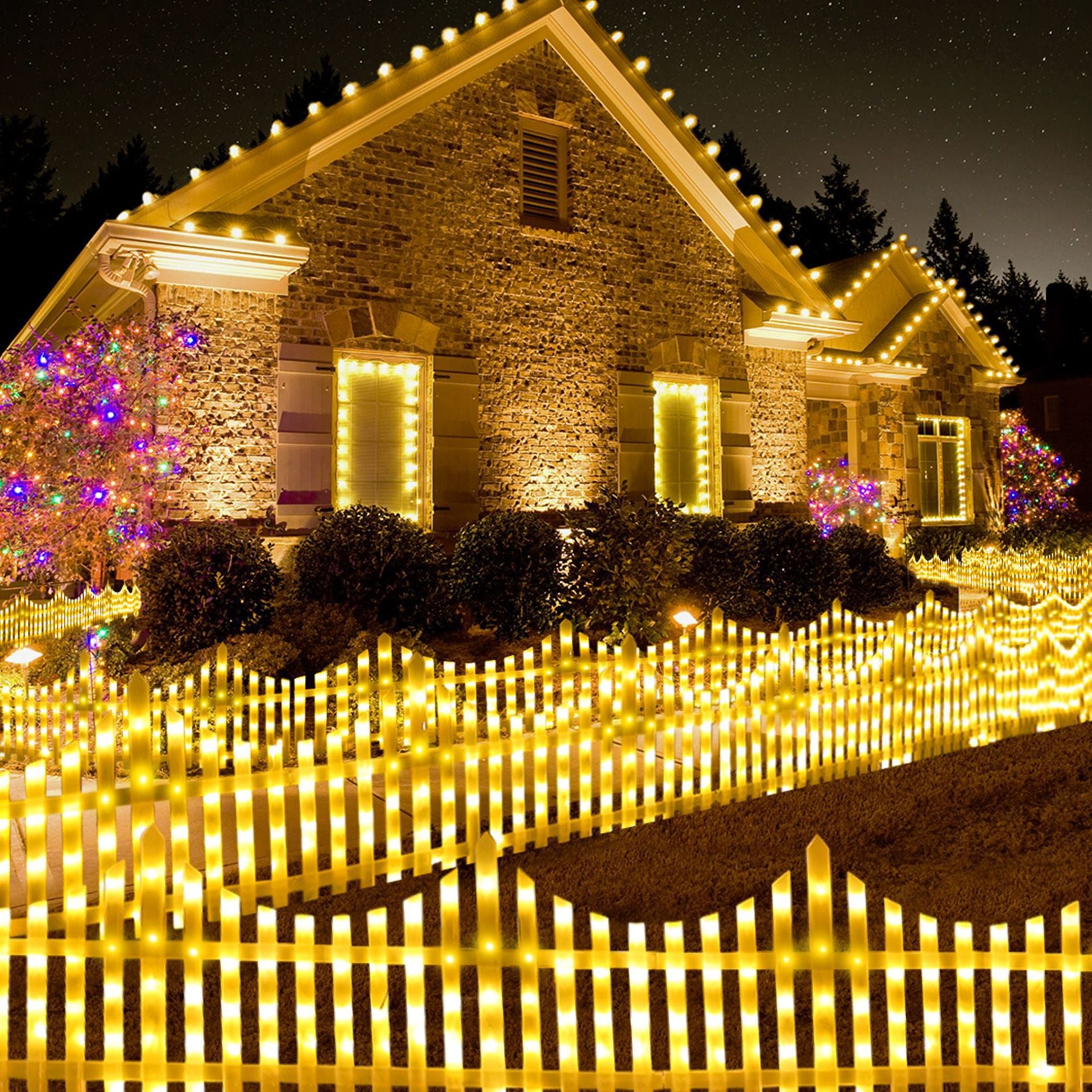 مصابيح سياج LED مزخرفة مع تركيب سهل بالمشبك وأوضاع متعددة - مجموعة من 8 قطع - أبيض دافئ (الحجم الإجمالي 280 × 28.5 سم)