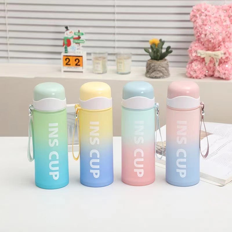 500ml Cute Gradient Design Glass Interior Water Bottle with Double Glazing, Leakproof Lid & Strap for Hot & Cold Drinks