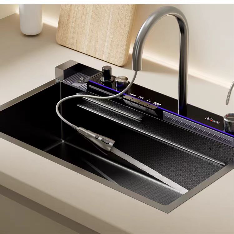 Premium Smart Stainless Steel Kitchen Sink with Waterfall & Pull-Down Faucet, RO Tap, Glass Washer, Draining Baskets, Temperature Display & Controller - 30 x 20 x 10 inch