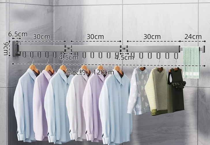 Wall-Mounted Metal Triple Foldable Clothes Drying Rack with Extension Rod, Push-Pull Design, 180° Rotation, and Punch-Free Installation