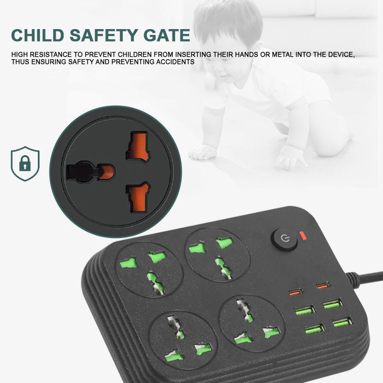 4-Way Universal Extension Board with Master Switch, 4 AC Sockets, 4 USB Ports, 2 Type-C PD Ports - 3000W Output