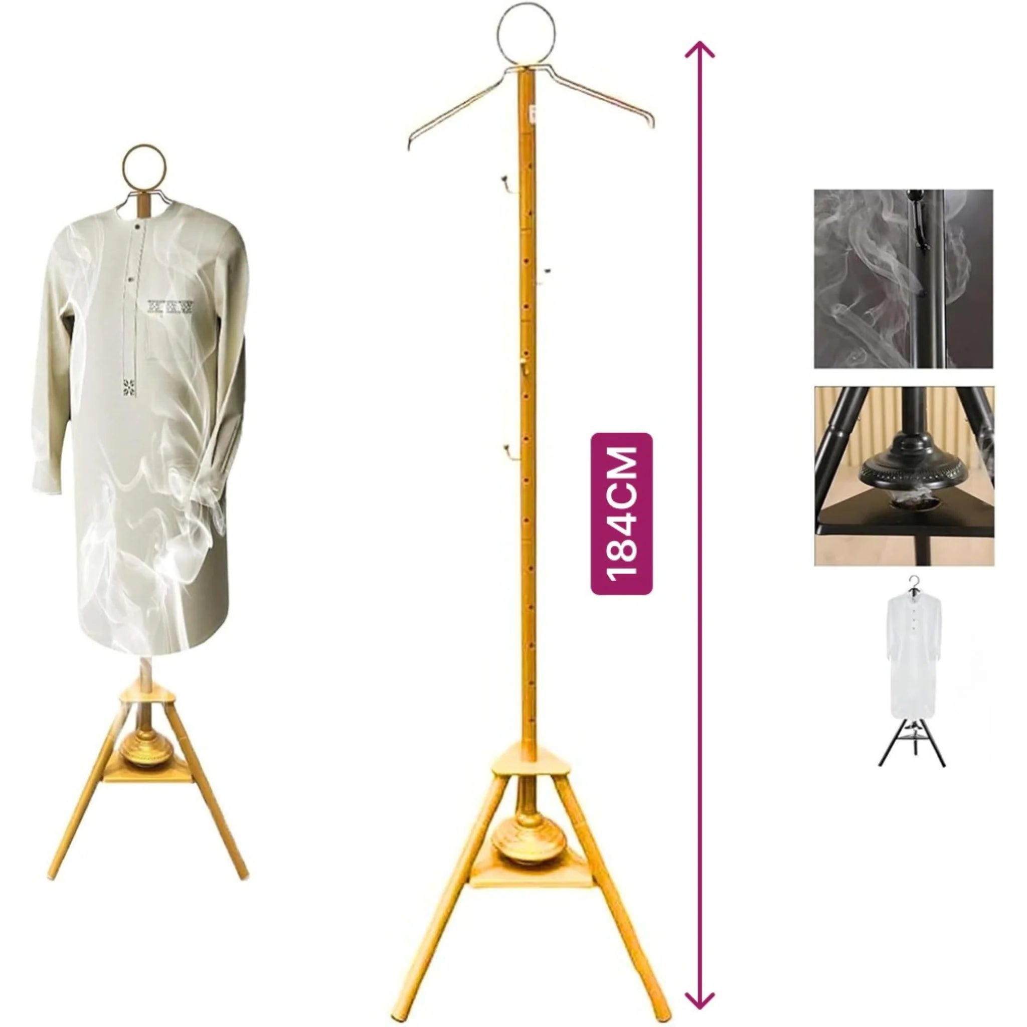 Incense Burner Clothes Stand with Garment Hangers and Built-In Mabkhar Base