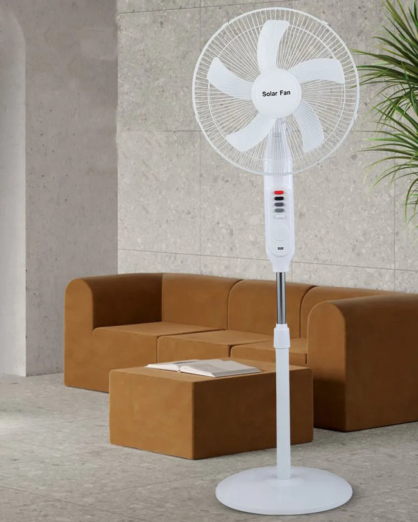 3-in-1 Rechargeable Solar Standing Fan – 16 Inch | Adjustable Height, LED Light, Speed Control & USB Charging Port