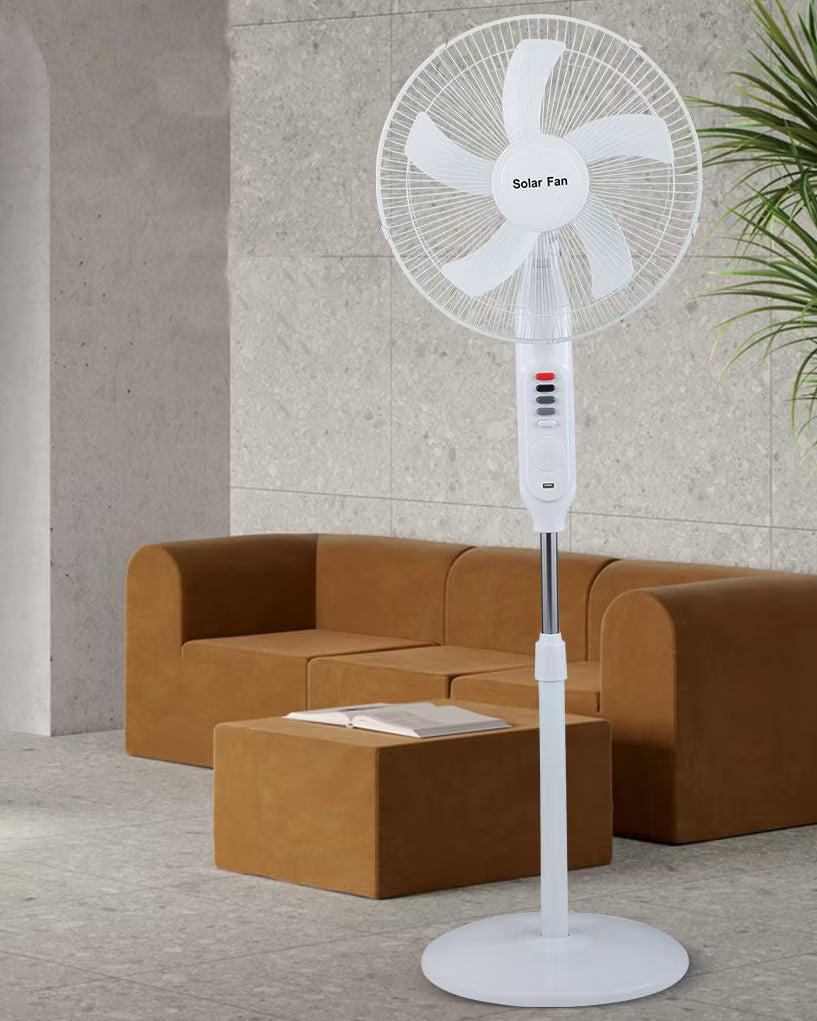 3-in-1 Rechargeable Solar Standing Fan – 16 Inch | Adjustable Height, LED Light, Speed Control & USB Charging Port