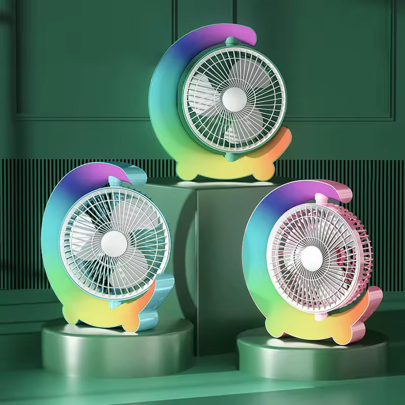 Adjustable Rechargeable Desktop Fan with Colorful Ambient Lights, 3-Speed Cooling & 180° Rotation
