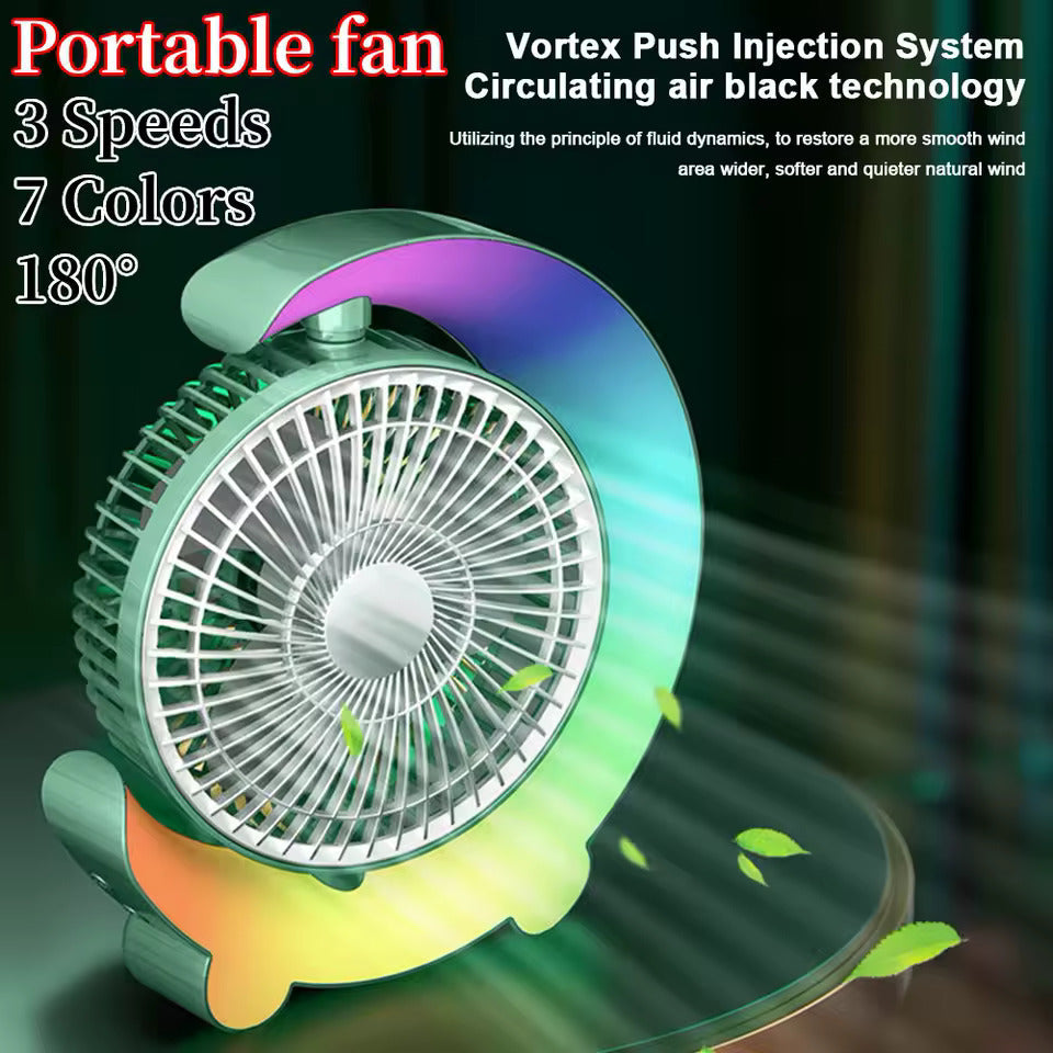 Adjustable Rechargeable Desktop Fan with Colorful Ambient Lights, 3-Speed Cooling & 180° Rotation