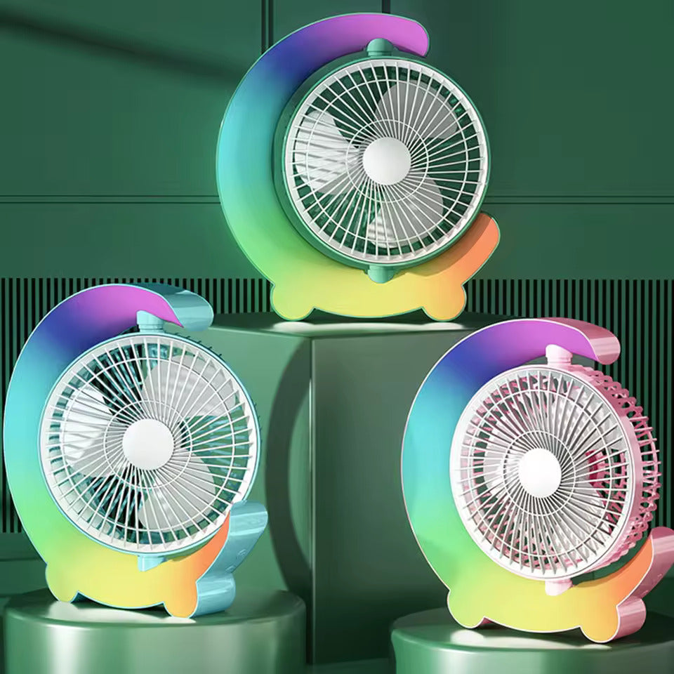 Adjustable Rechargeable Desktop Fan with Colorful Ambient Lights, 3-Speed Cooling & 180° Rotation