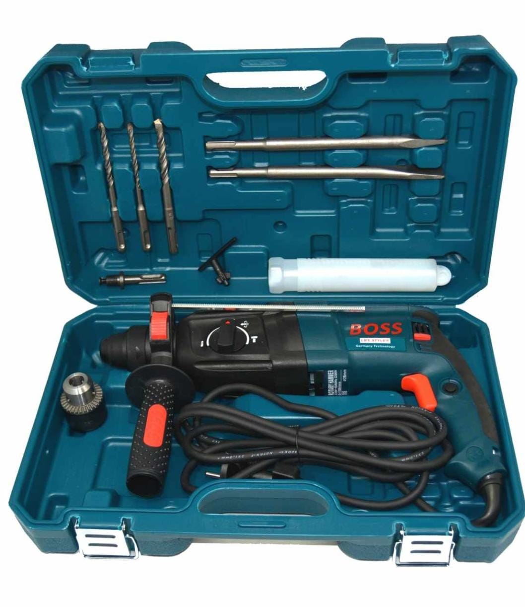BOSS Triple Mode Rotary Hammer Drill Set with 2200W Power & 1100 RPM with Depth Gauge, Accessory Set & Anti-Vibration Grip