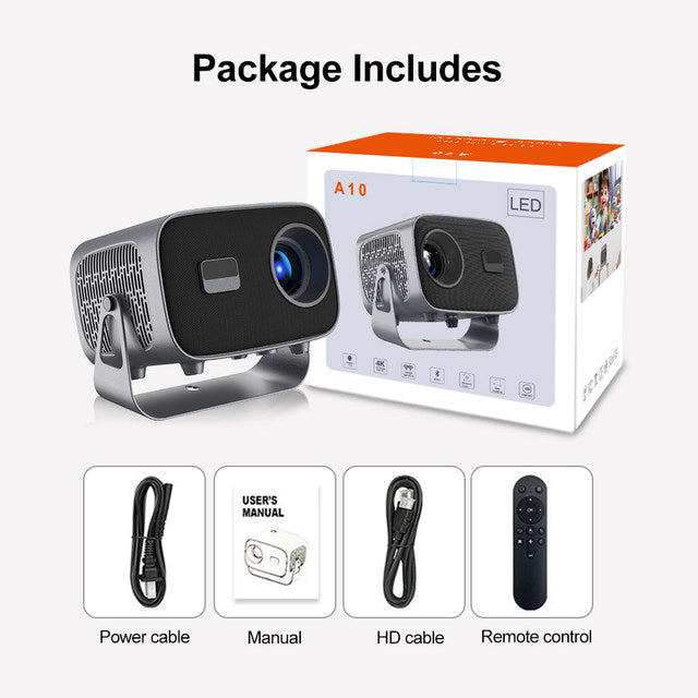 A10 Smart Android 4K WiFi Projector with Built-in Speaker, 200 Lumens, Bluetooth 5.0 with HDMI & Dual USB Ports.