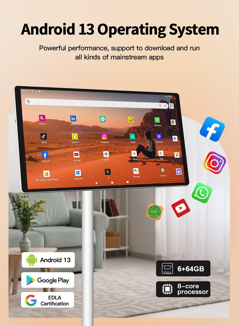 24” Touchscreen FHD Smart TV with Stand, Android 13, 6GB RAM + 64GB Storage, MediaTek MT8788 chipset with integrated GPU, 8MP Camera, 10000mAh Battery, Multi-Swivel Rotation & Remote