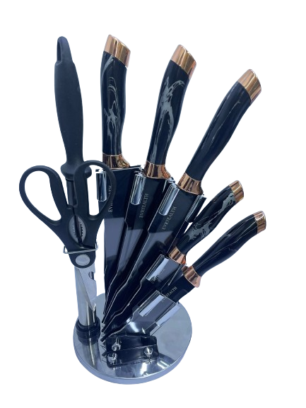 7-Piece German Steel Knife Set with Non-Stick Coating and Radian Handles - Marble Black - White