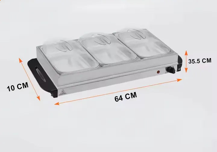 3-Section Electric Buffet Server & Warming Tray with Adjustable Thermostat - 300W