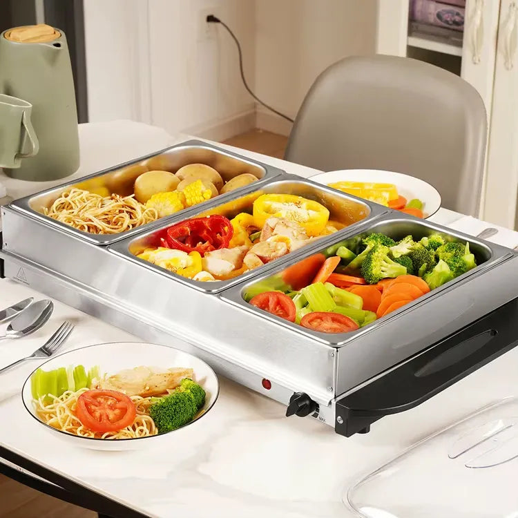 3-Section Electric Buffet Server & Warming Tray with Adjustable Thermostat - 300W