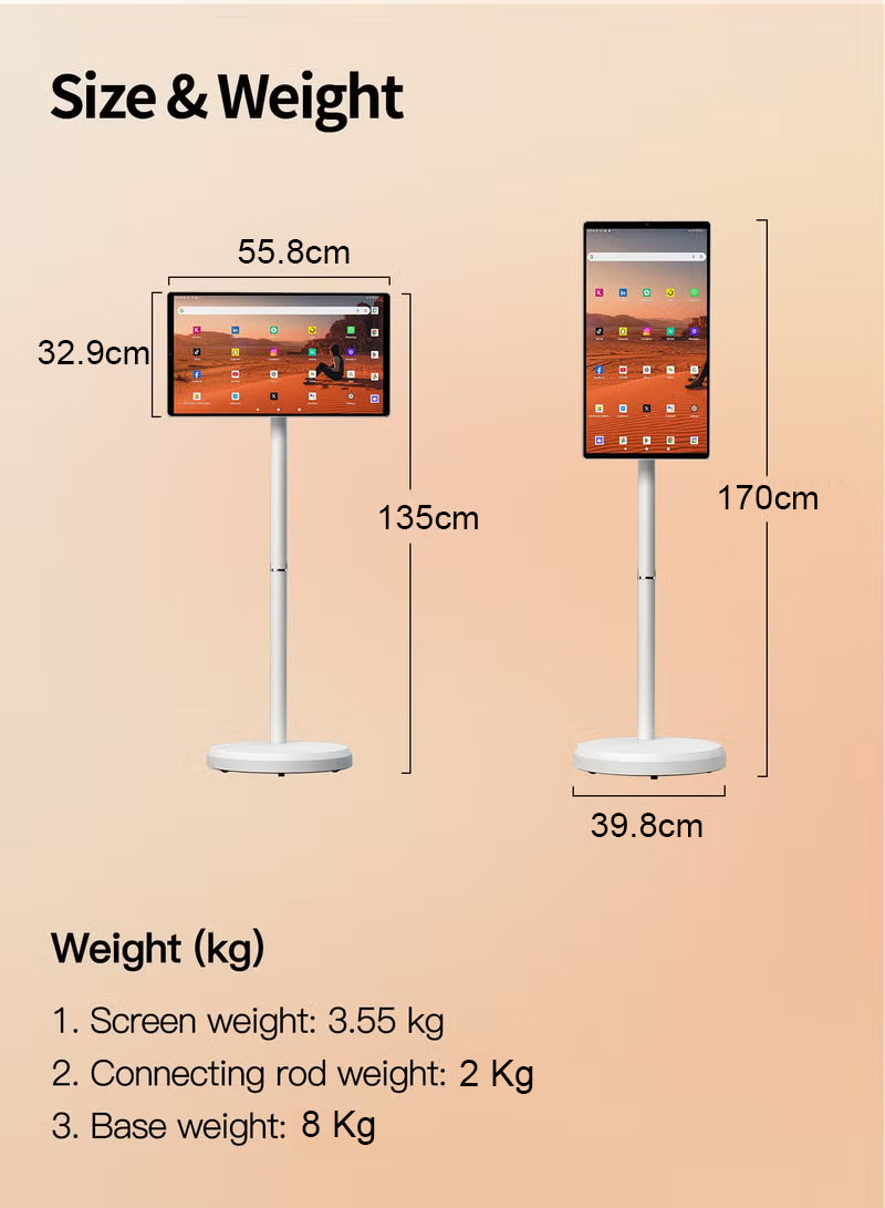 24” Touchscreen FHD Smart TV with Stand, Android 13, 6GB RAM + 64GB Storage, MediaTek MT8788 chipset with integrated GPU, 8MP Camera, 10000mAh Battery, Multi-Swivel Rotation & Remote