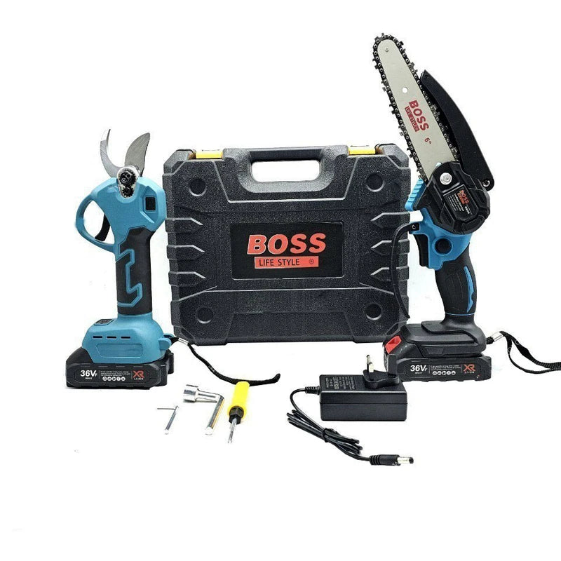 BOSS 2-in-1 Cordless Pruning Scissors & Mini Handheld Chainsaw Kit
