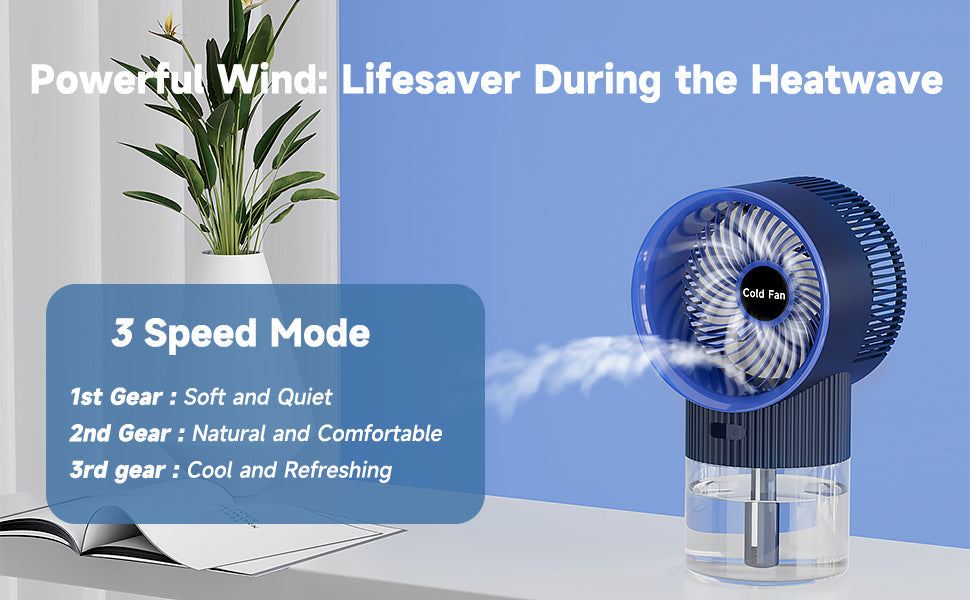 3-in-1 Portable Rechargeable Air Conditioner Mist Fan with 350ml Water Tank, Multicolor Night Light & 3-Speed Cooling