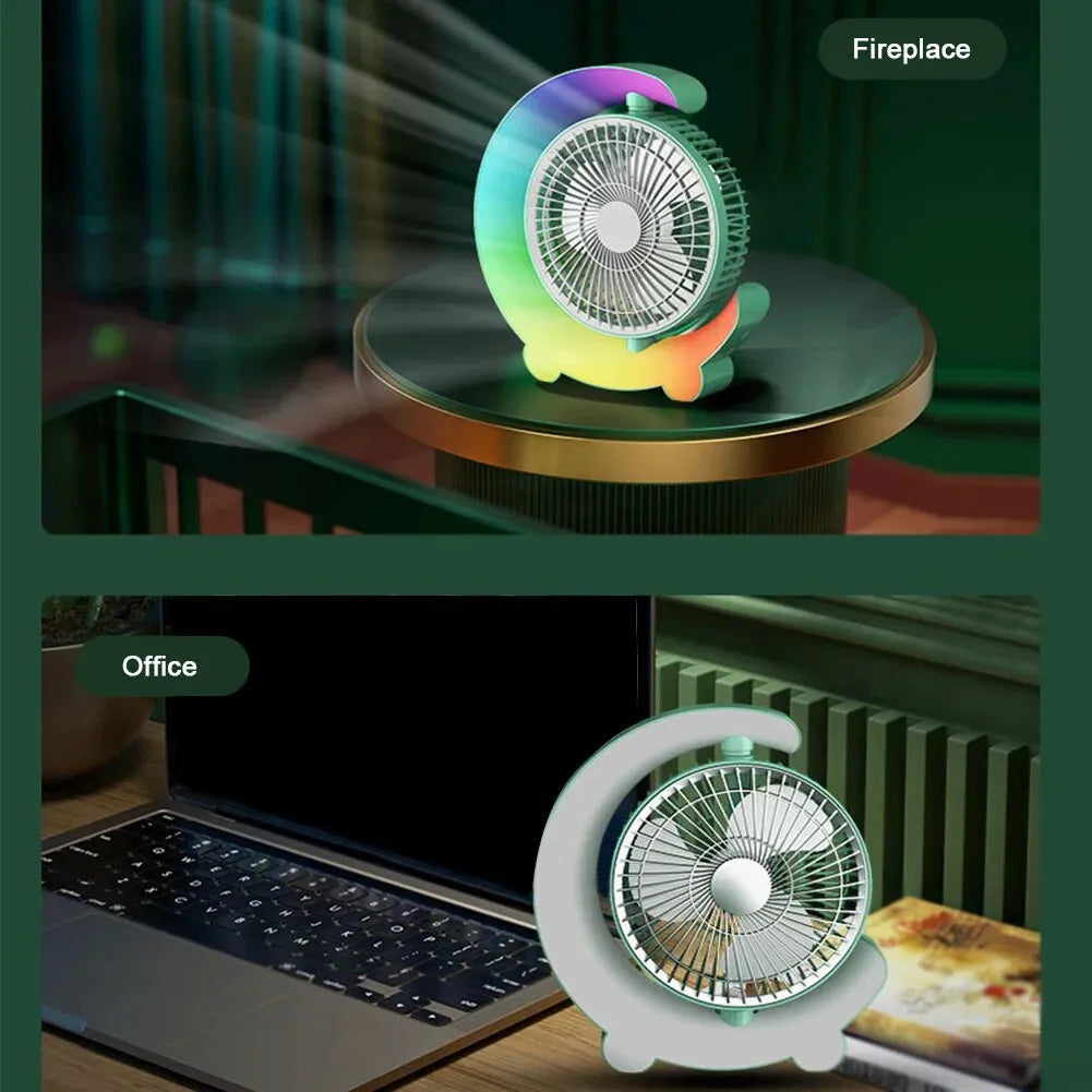 Adjustable Rechargeable Desktop Fan with Colorful Ambient Lights, 3-Speed Cooling & 180° Rotation