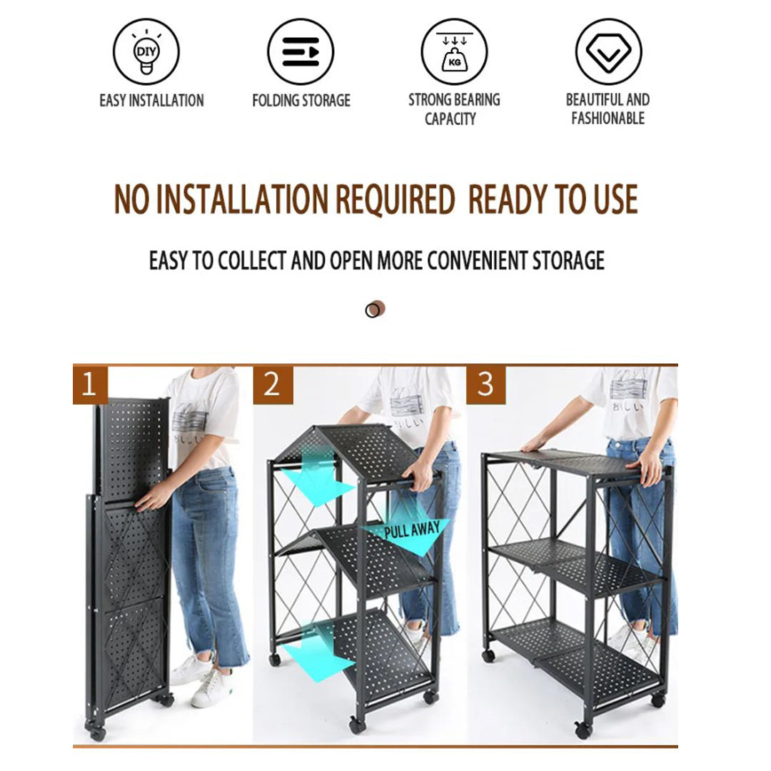 Multi Layer Foldable Metal Storage Rack Organizer with Wheels