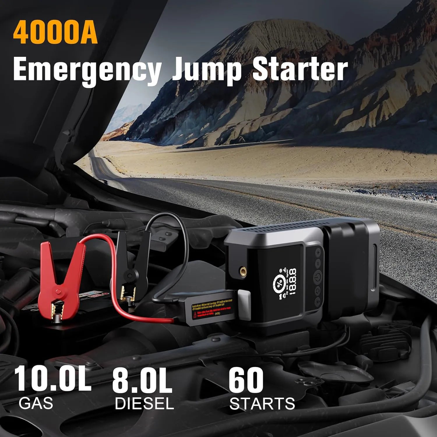 Portable 4-in-1 Car Jump Starter & Air Compressor with Emergency Flashlight & Power Bank - 150PSI Pressure