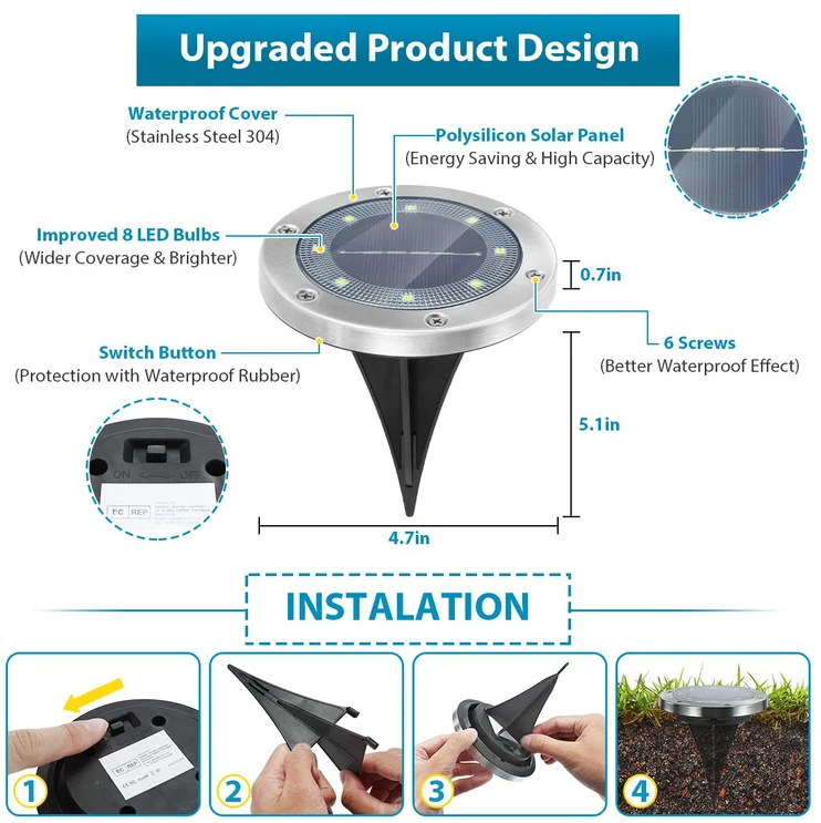 Set of 4 Round Solar Powered Garden LED Lights for Ground Pathway with UV and Water Resistance