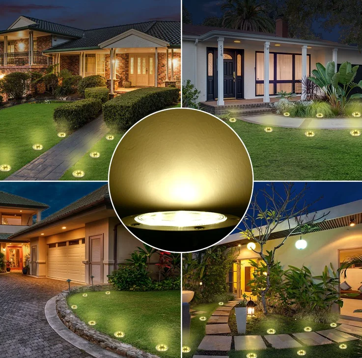 Set of 4 Round Solar Powered Garden LED Lights for Ground Pathway with UV and Water Resistance