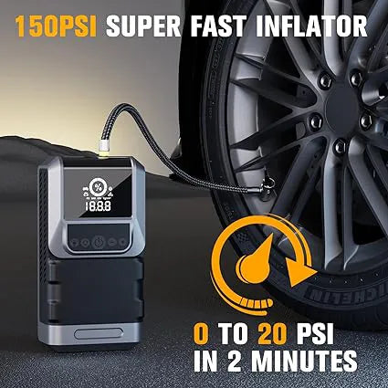 Portable 4-in-1 Car Jump Starter & Air Compressor with Emergency Flashlight & Power Bank - 150PSI Pressure