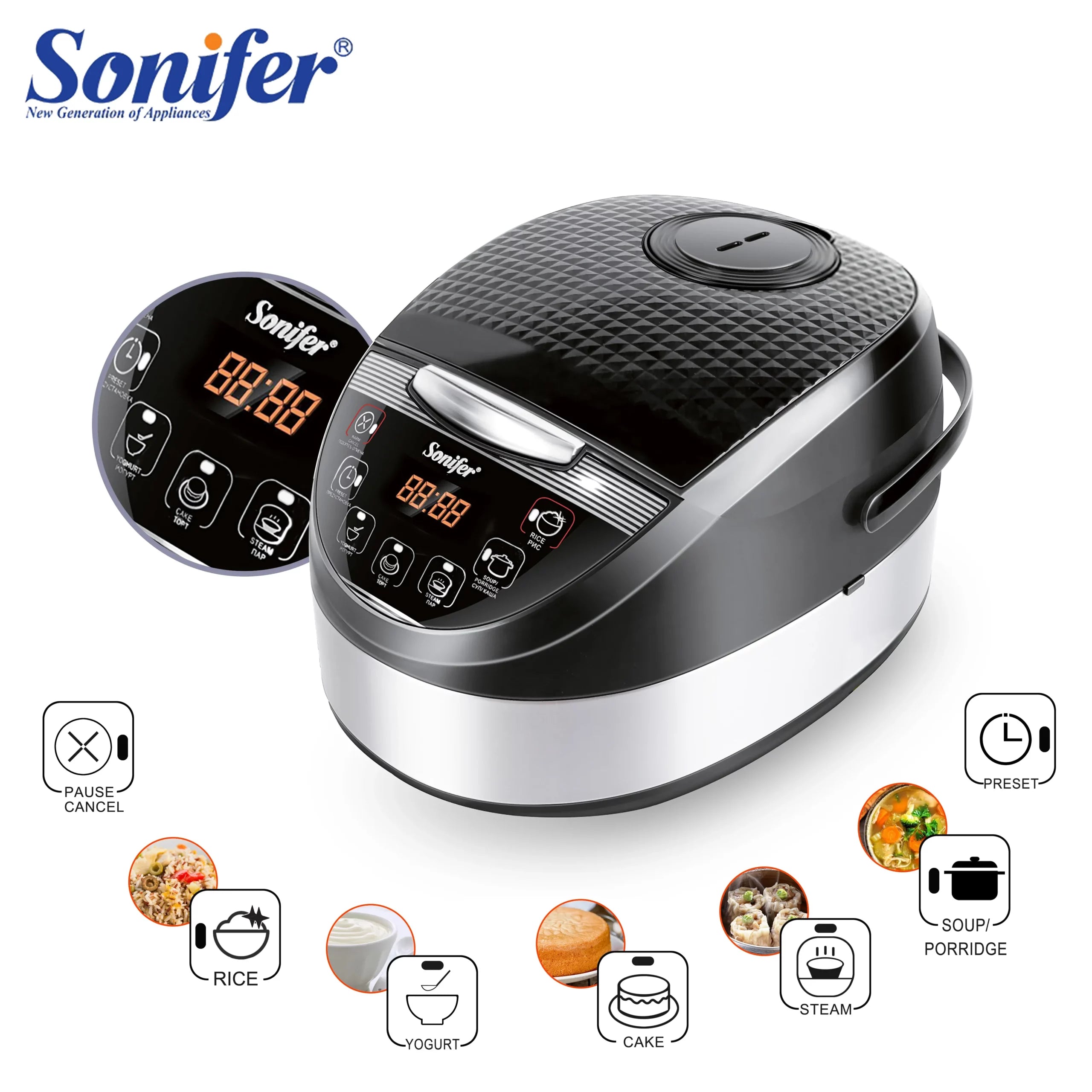 Sonifer Digital 5L Rice Cooker & Multicooker with 6 Programs, Nonstick Coated Pot, LED Display - 900W & 20 Cup Capacity