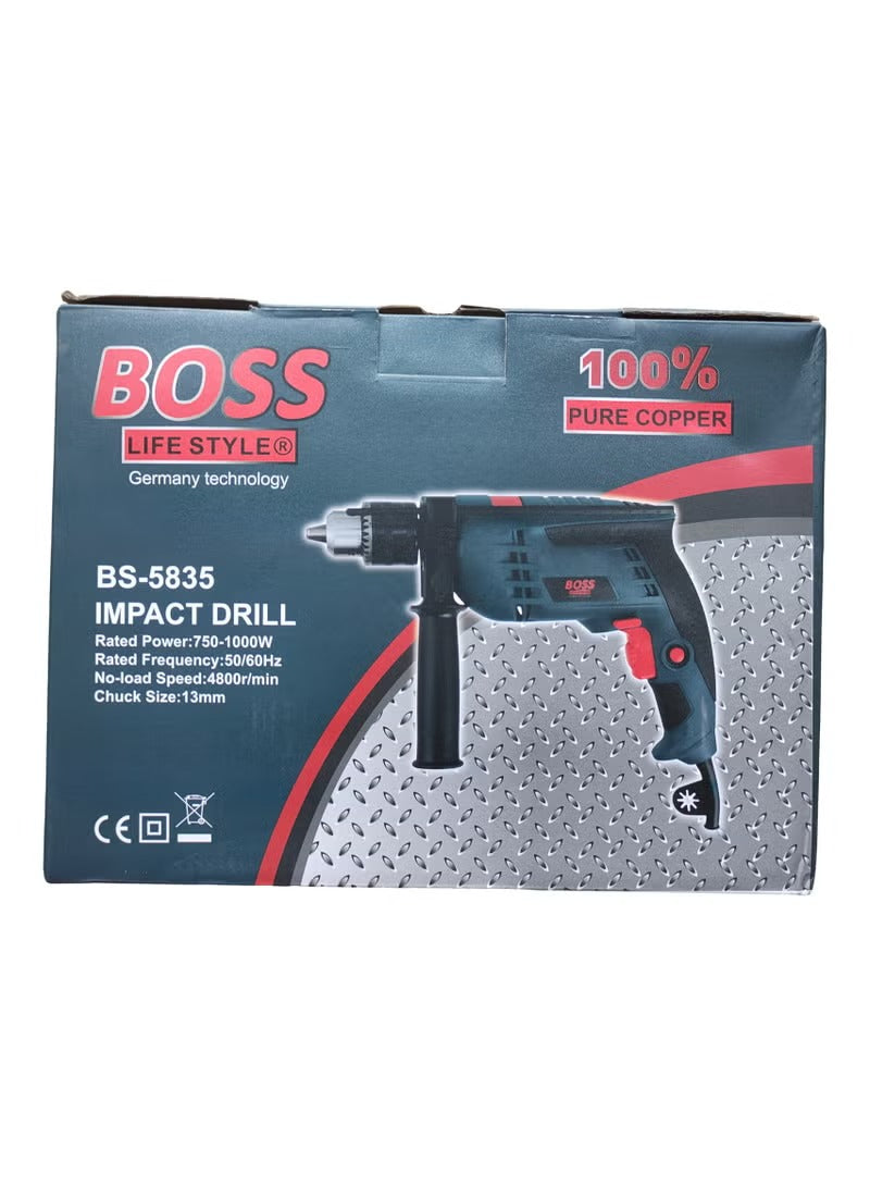 BOSS Professional Impact Drill with 13mm Chuck, Reversible Function, 100% Copper Motor for Wood, Metal, and Concrete - 1500W & 0-2800 RPM Speed