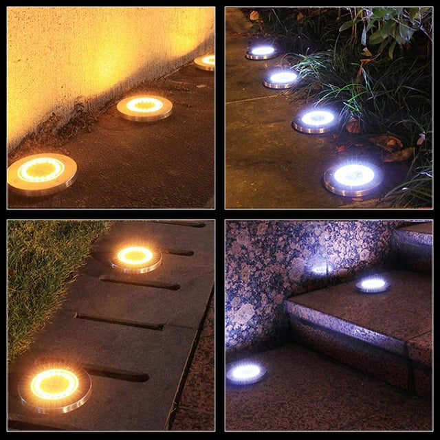 Set of 4 Round Solar Powered Garden LED Lights for Ground Pathway with UV and Water Resistance