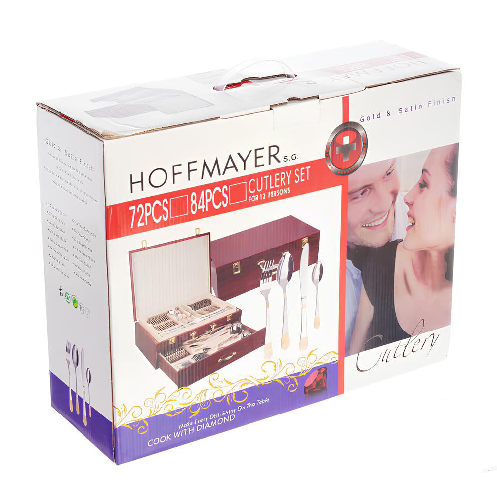 Hoff Mayer Elegant 84-Piece Stainless Steel Silver Flatware Set with Wooden Storage Box