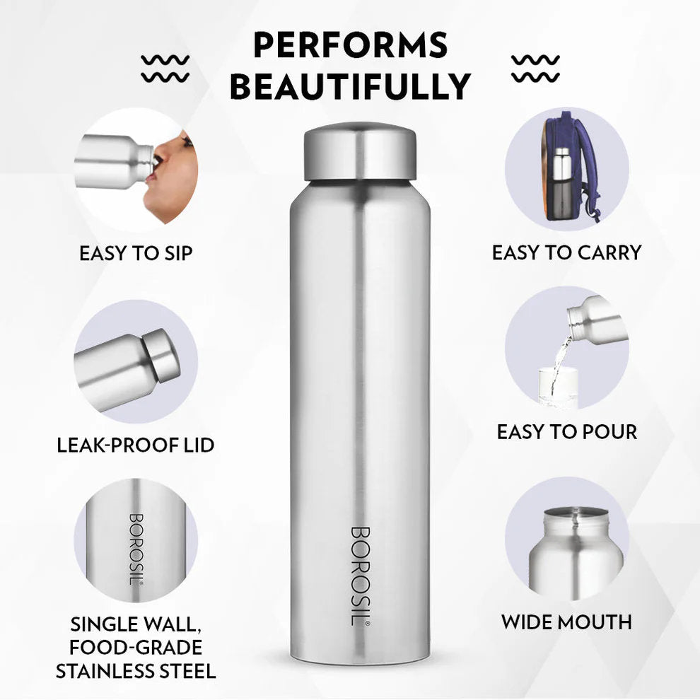 Stainless Steel Water Bottle - 1 Litre with Screw Top Lid, Leak-Proof, Odour-Free, Travel-Friendly Bottle for School, Office, Gym, Cycling, Hiking, Camping and Outdoor Sports
