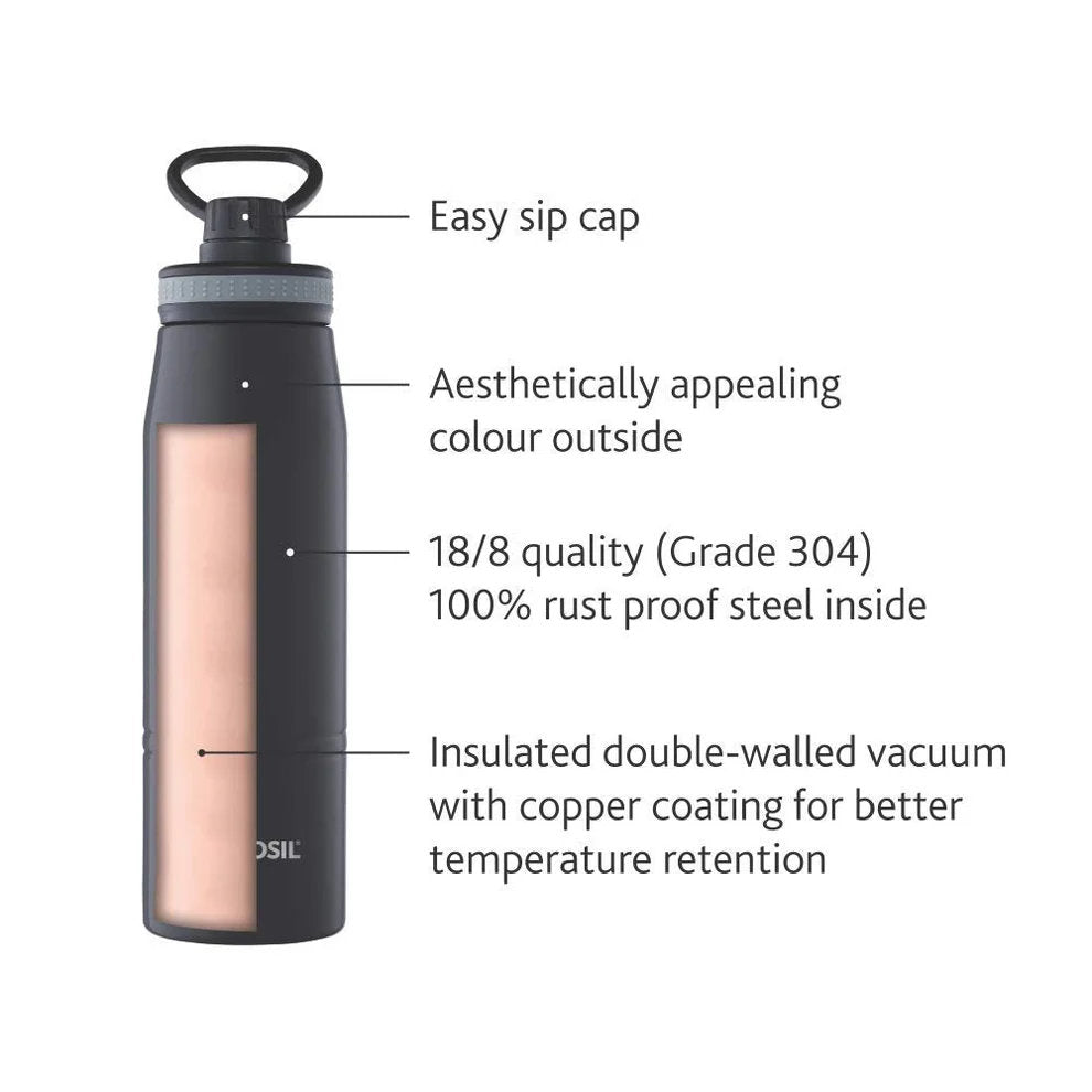 Borosil Hydra Stainless Steel Insulated Water Bottle 600ml with Double Wall Vacuum, Copper Coating, Leak-Proof Screwtop Sipper, 14 Hours Hot & 18 Hours Cold Retention, BPA-Free Travel Bottle