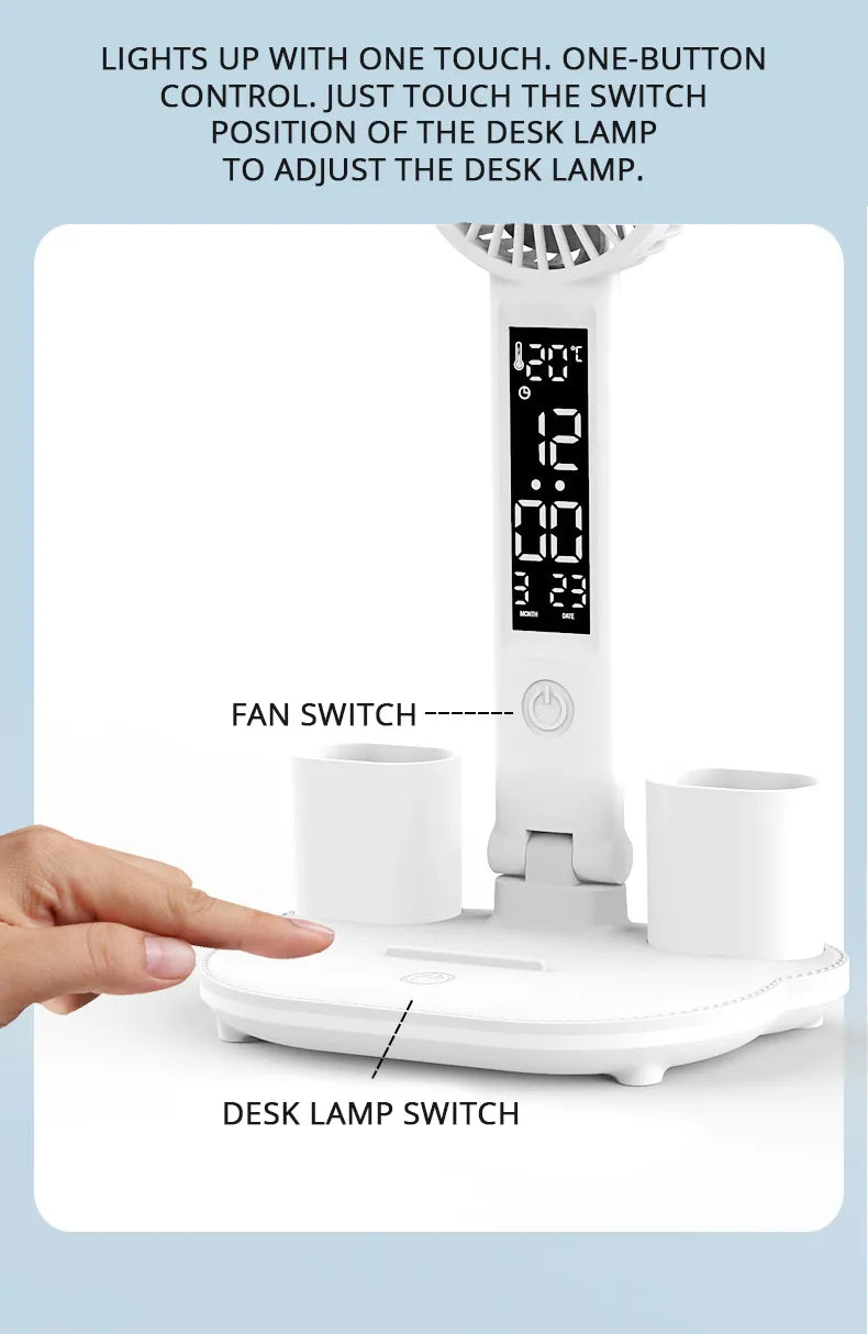 Smart Adjustable LED Desk Lamp with Fan, Touch Control, Time Date & Temperature Display