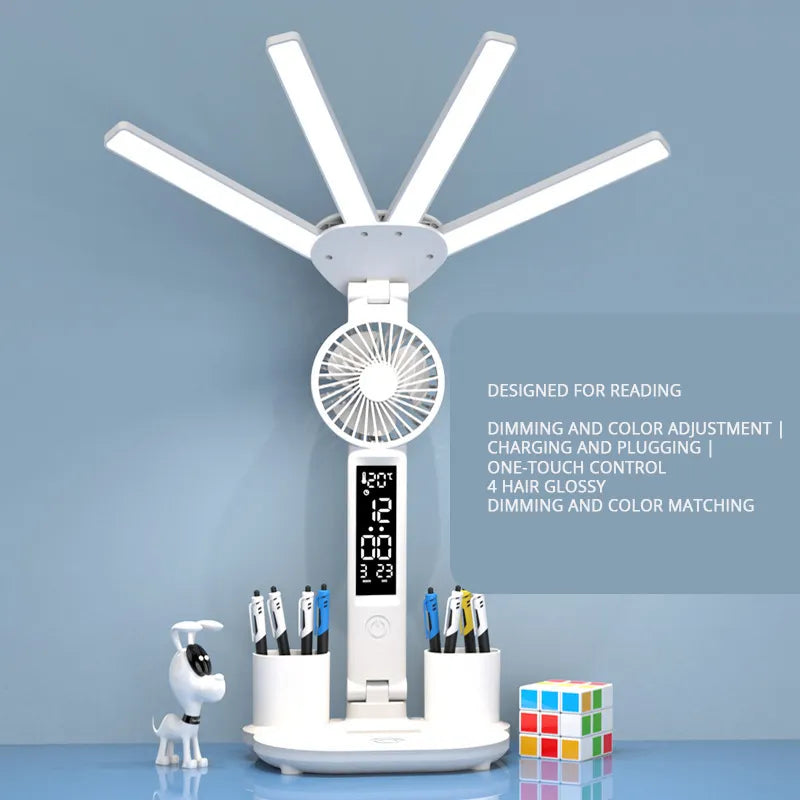 Smart Adjustable LED Desk Lamp with Fan, Touch Control, Time Date & Temperature Display