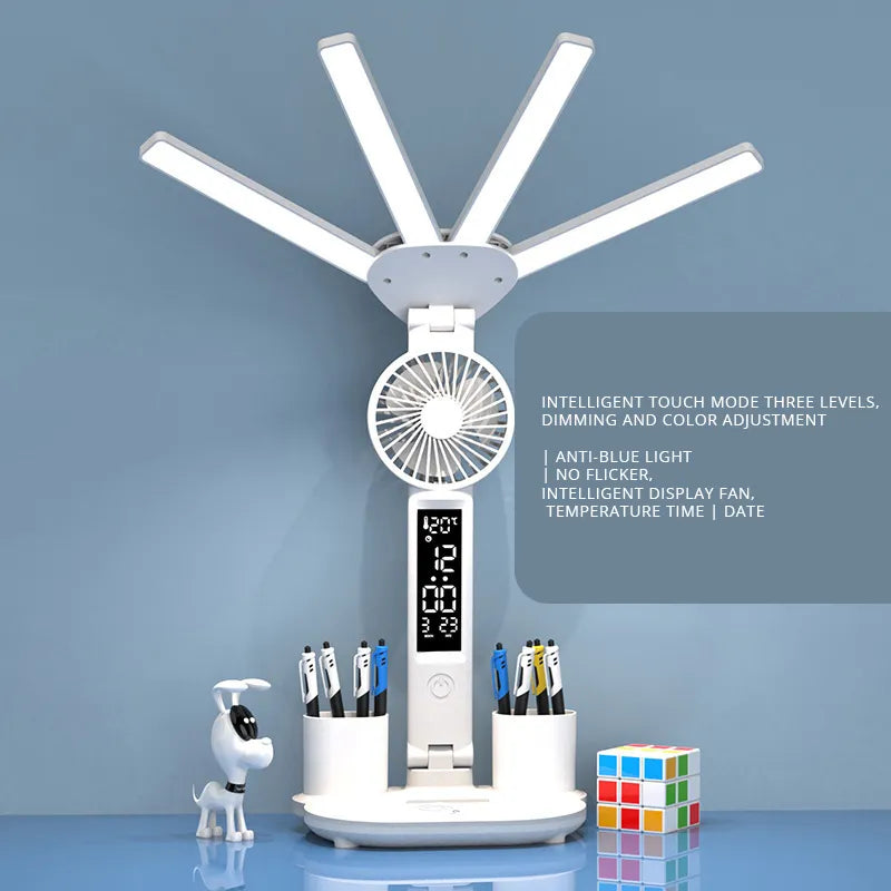 Smart Adjustable LED Desk Lamp with Fan, Touch Control, Time Date & Temperature Display
