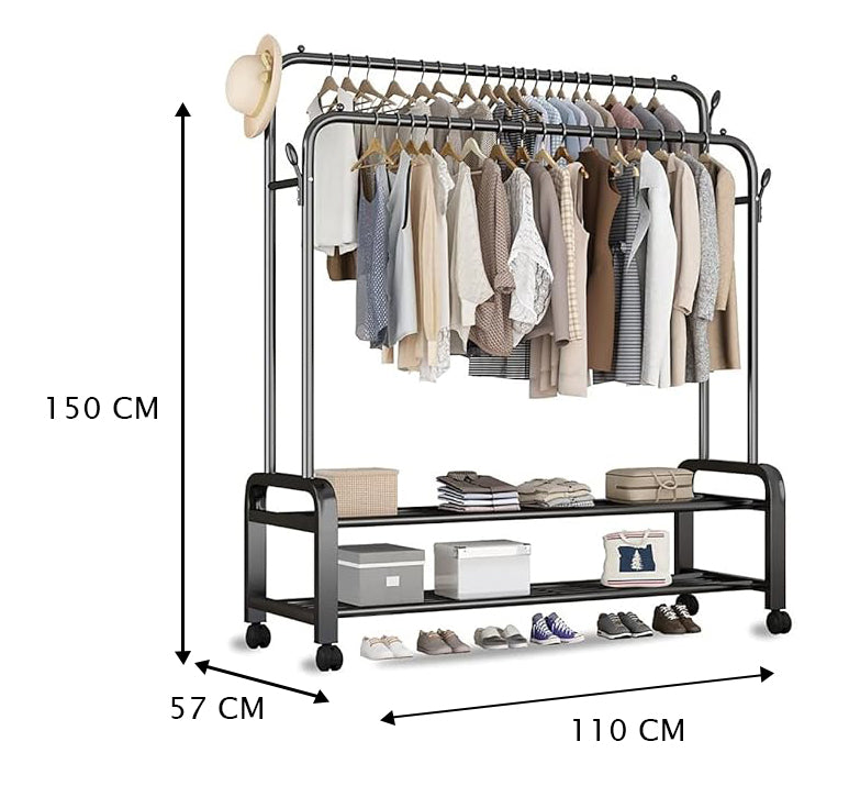 Multi-Purpose Clothes Hanger Rack with Wheels and Two-Layer Storage Stand