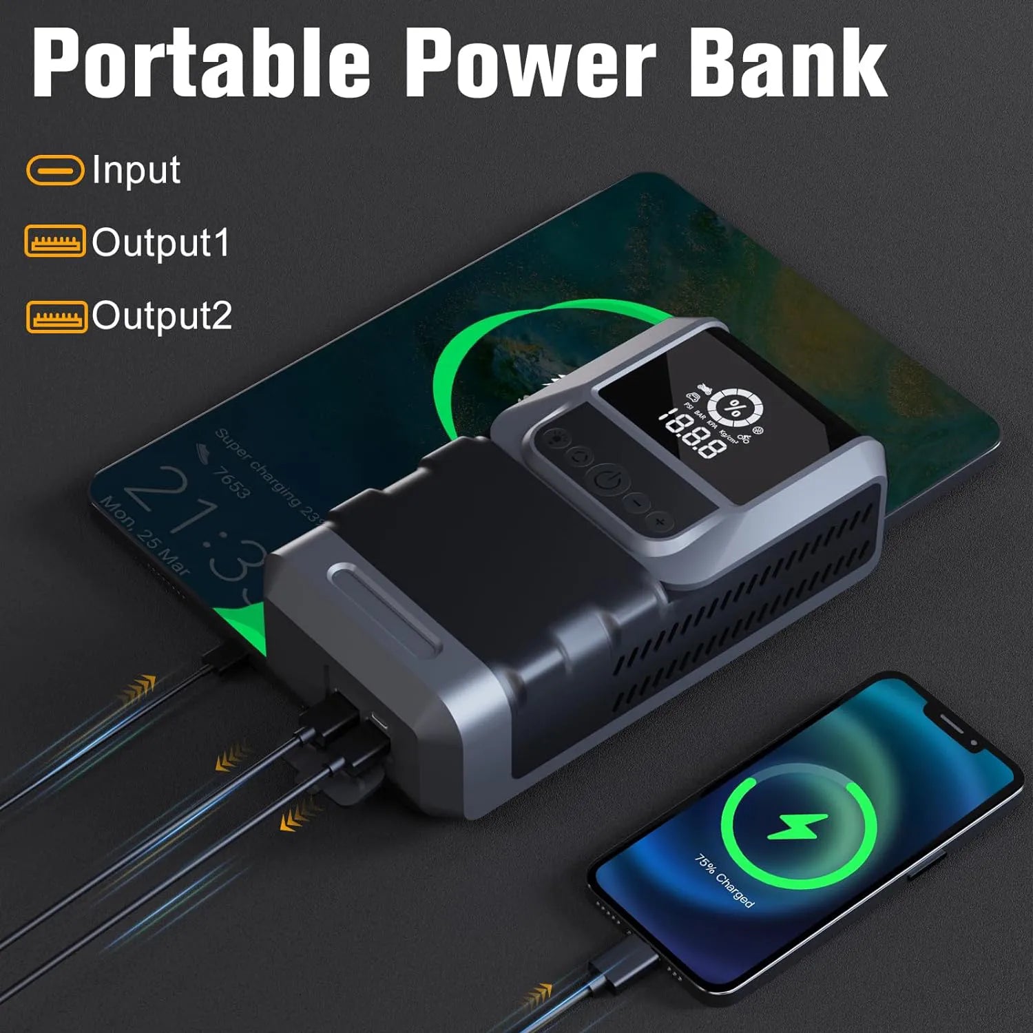 Portable 4-in-1 Car Jump Starter & Air Compressor with Emergency Flashlight & Power Bank - 150PSI Pressure